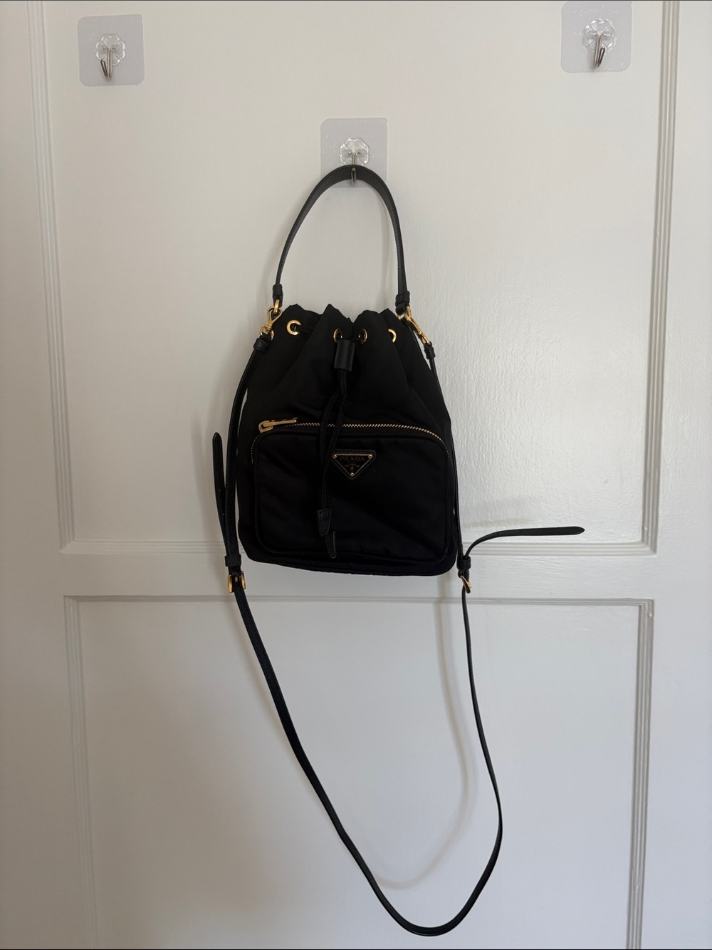 Prada Black Nylon Drawstring Bucket Bag with Gold Hardware